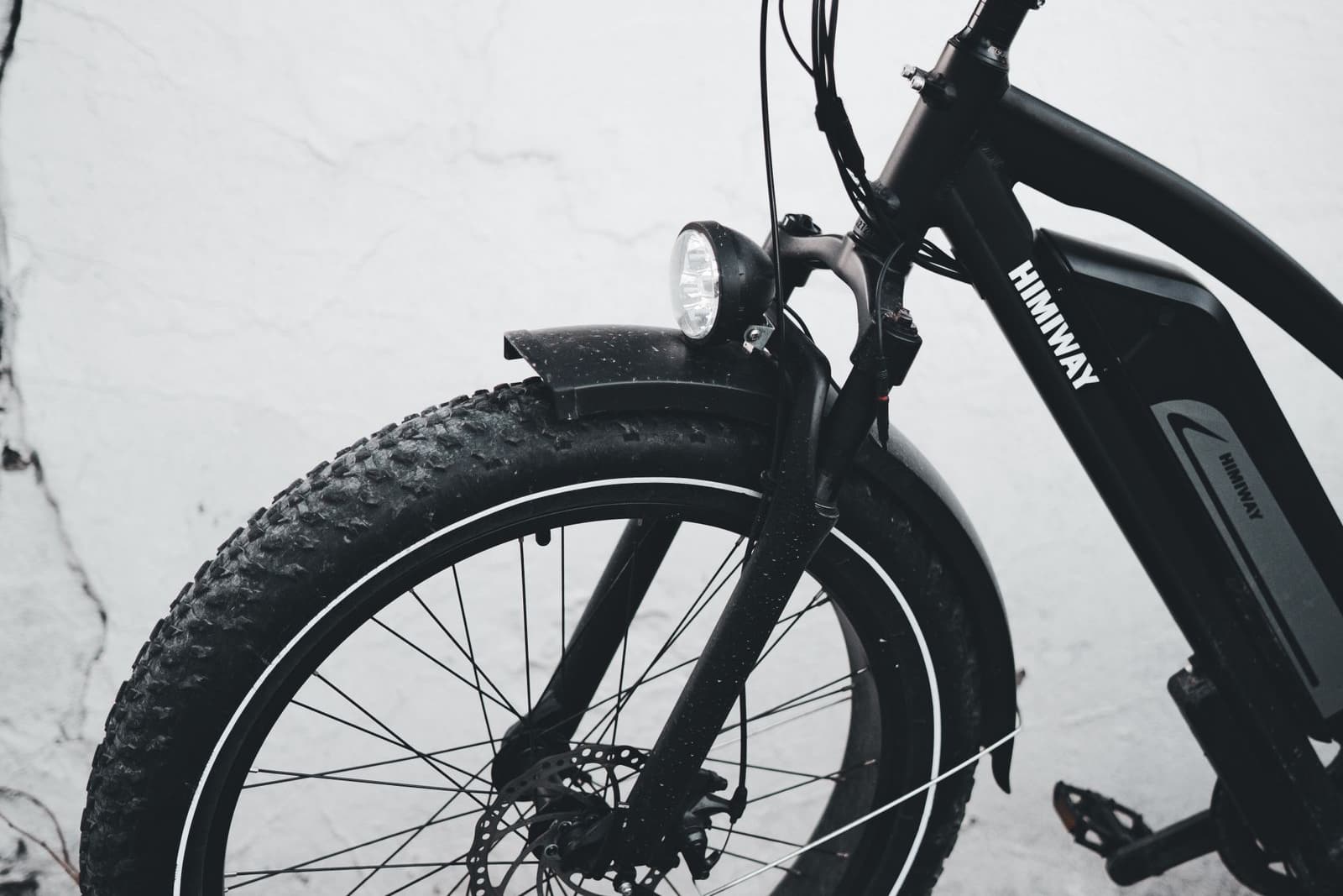 Front wheel and downtube battery of a fat-tyre electric bike