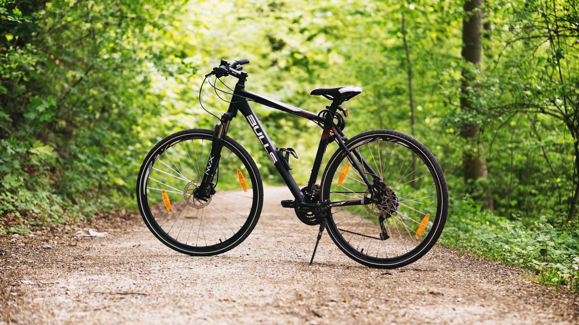 Black Bulls trekking bicycle standing on a gravel forest path in Germany